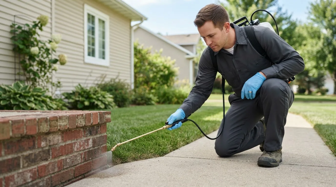 Pest control technician treating a home near Woodlake, CA